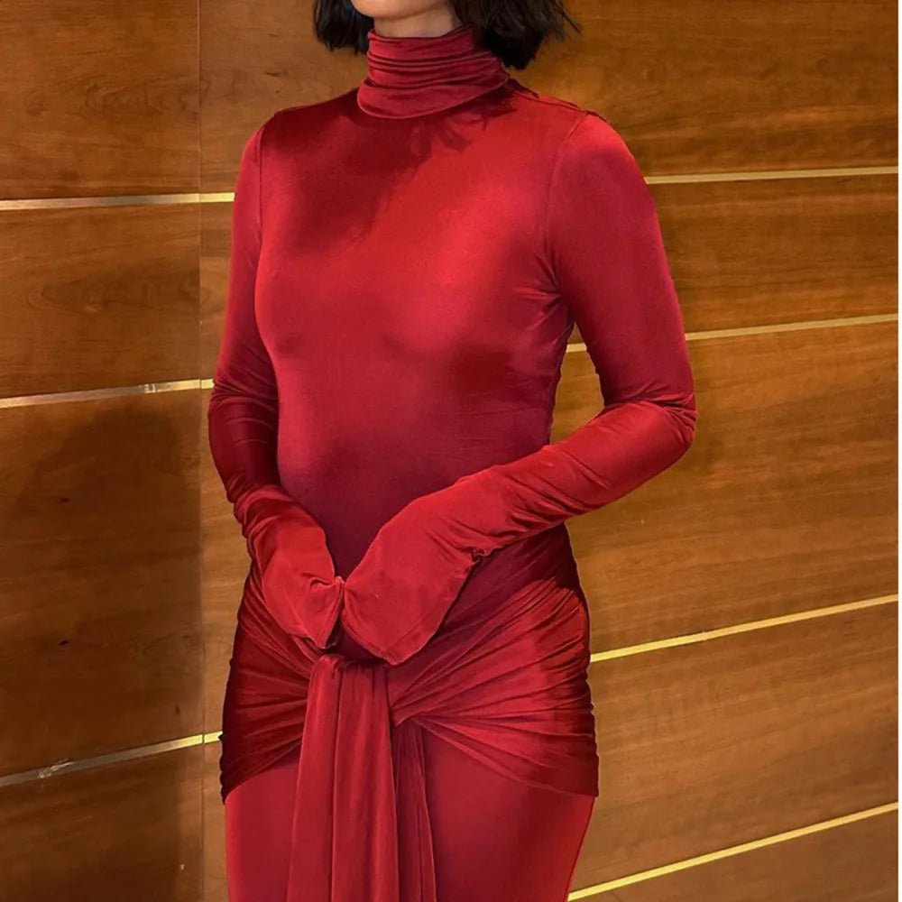 High Neck Long Sleeve Bodycon Dress For Women Tight Elastic Lace Up Maxi Long Dress Autumn 2024 New Party Club Vestidos