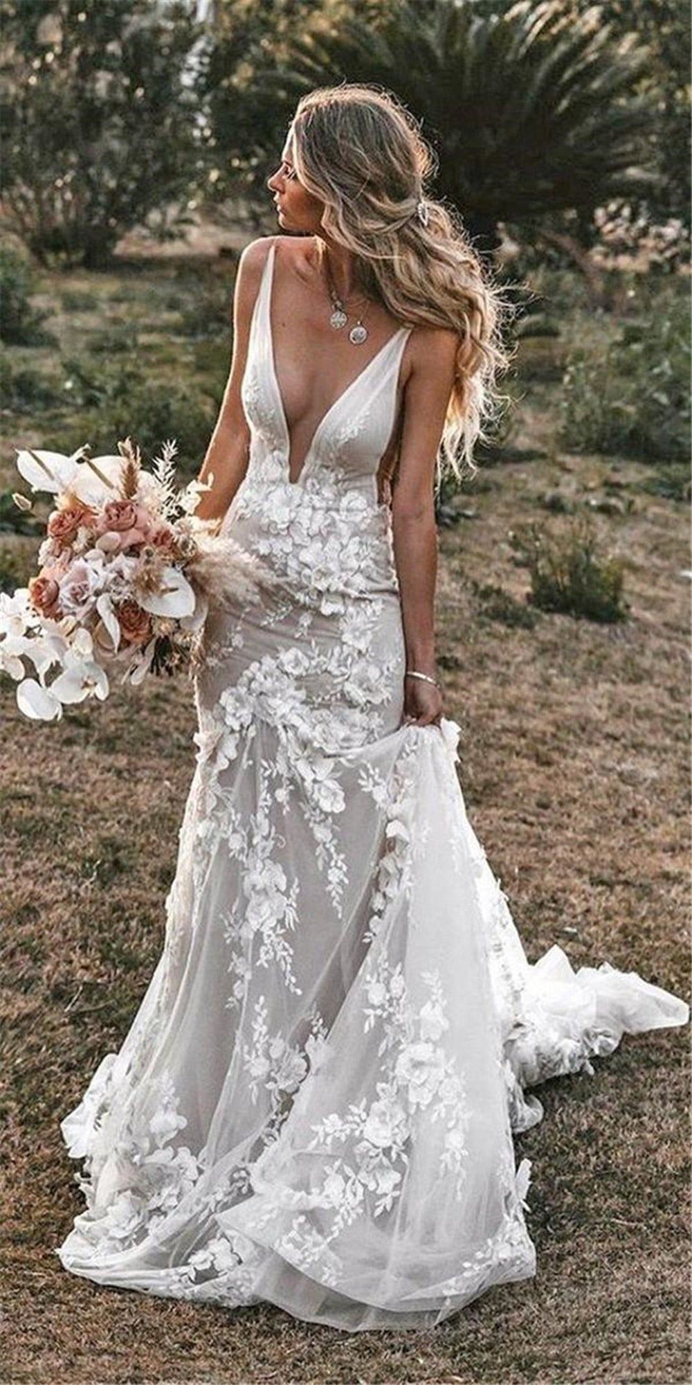 Gorgeous Mermaid Bride Gowns With 3D Flowers Grace Tulle Sweep Train Wedding Dresses Grace Bridal Wedding Gown Vestidos De Novia