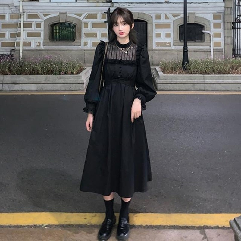 Gothic Black Lace Dress Women Casual Elegant Party Midi Ruffle Long Sleeve Dress Emo Y2k Goth Clothes 2022 Spring Robes