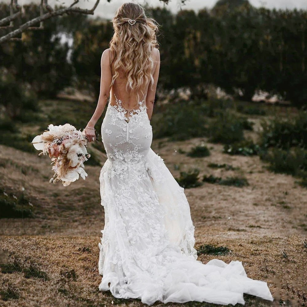 Gorgeous Mermaid Bride Gowns With 3D Flowers Grace Tulle Sweep Train Wedding Dresses Grace Bridal Wedding Gown Vestidos De Novia