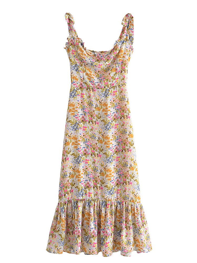 Holiday Style Floral Print Ruffles Elastic Waist Lace-Up Strap Dress