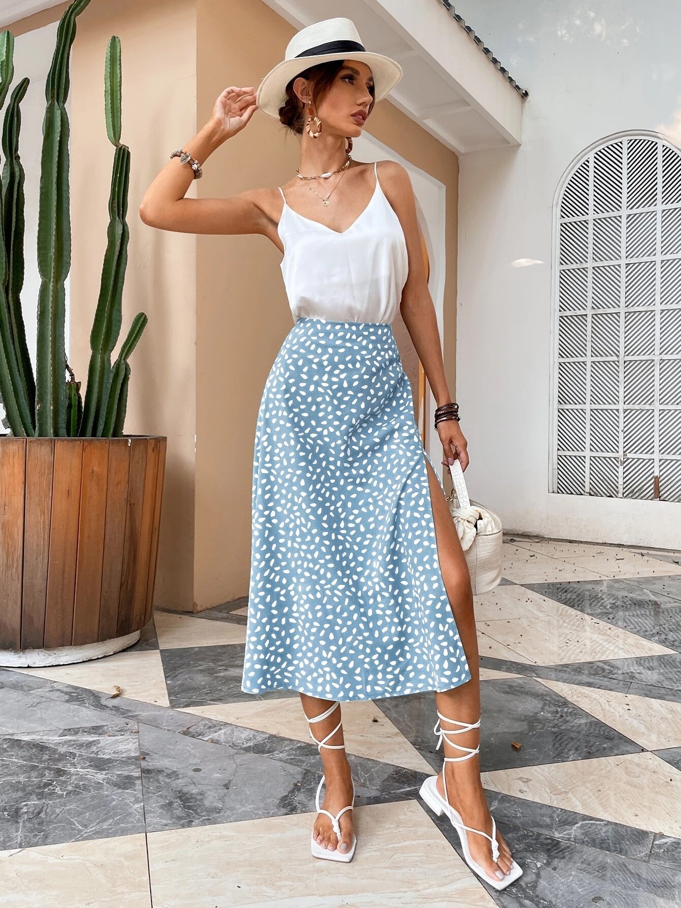 Green Boho Split Thigh Allover Print Women Skirts Elegant Dresses  Slit Long Length High Waist With Zipper Slight Stretch