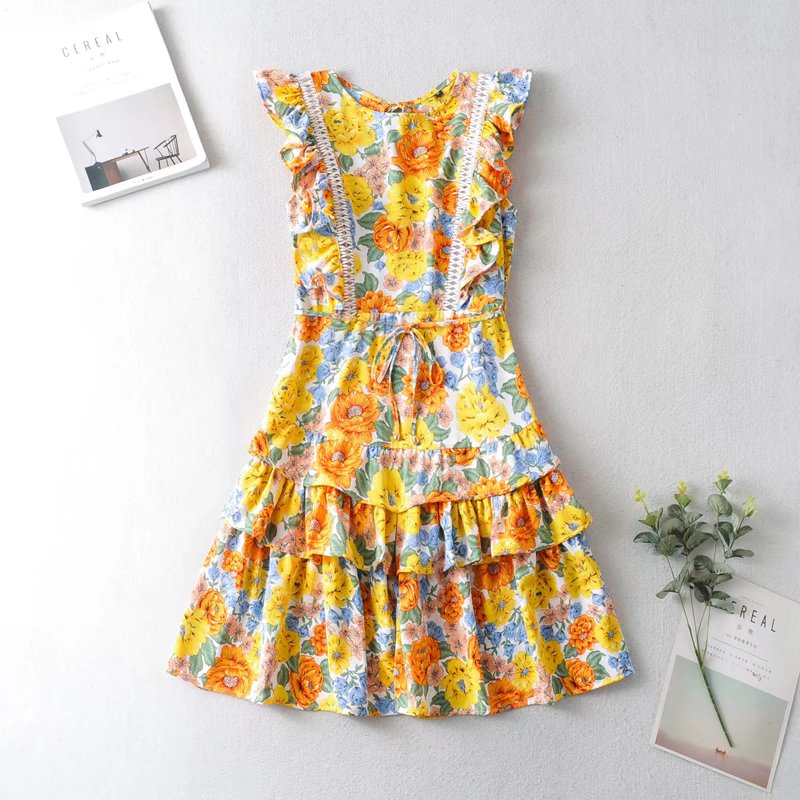 Happie Queens Women Floral Print O-neck Beach Bohemian Dresses Ruffles Button Cotton Sexy Mini Dress Vestidos