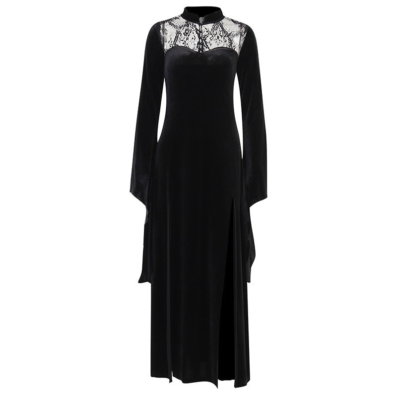 Halloween Party Long Dress Black High Waist Flared Sleeve Lace Cutout Gothic Maxi Dress Street Aesthetic Clubwear Maxi Dress