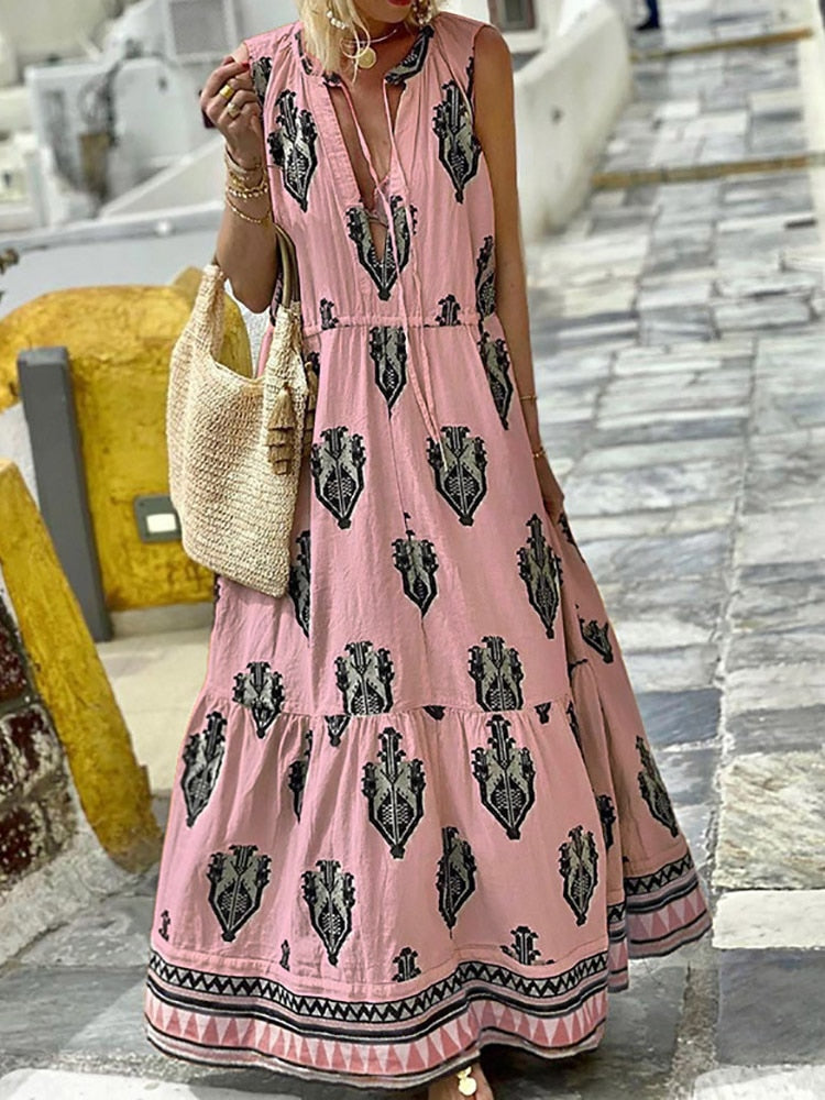 Half Open Collar Summer Streetwear Print Dress Bohemian Female Casual Sleeveless Long Dress Women Vintage Patchwork Loose Dress