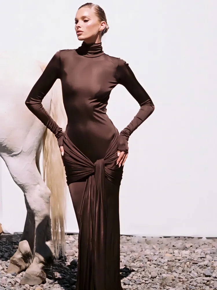 High Neck Long Sleeve Bodycon Dress For Women Tight Elastic Lace Up Maxi Long Dress Autumn 2024 New Party Club Vestidos