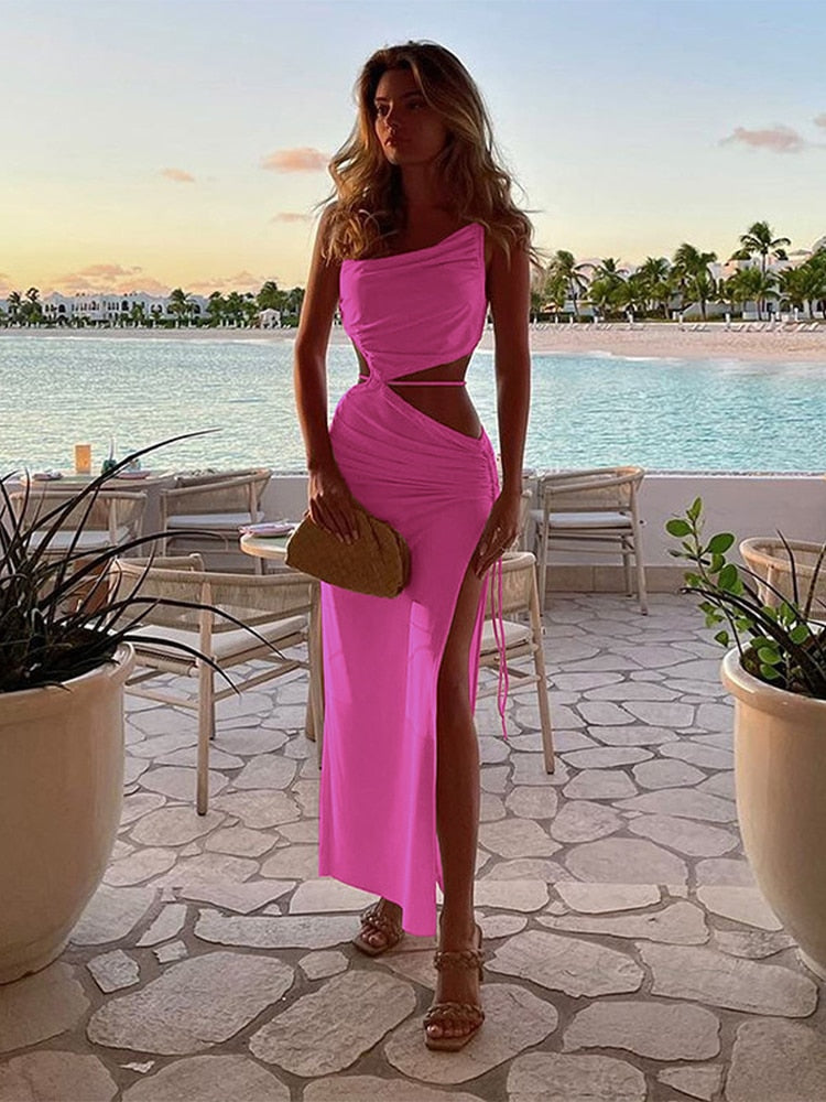 Graduation Gift Back to School Season 2024 One Shoulder Beach Maxi Dress Women Summer Brown Backless Sleeveless Split Elegant Dresses Party