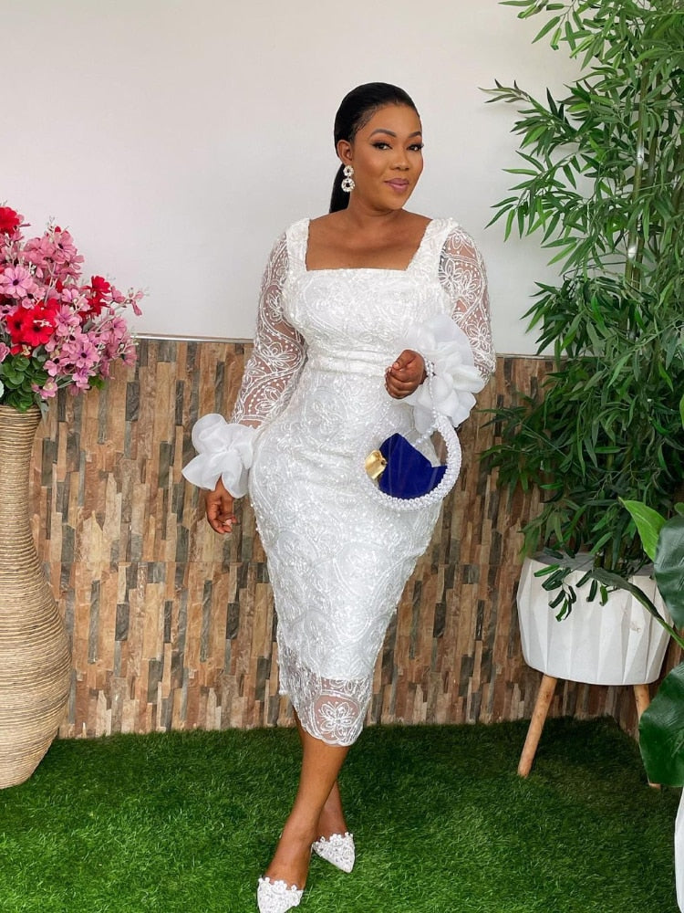 Guest Wedding Dress Woman Bodycon Shiny Square Collar Long Sleeves Lace Patchwork Birthday African Party Event Occasion Gown New
