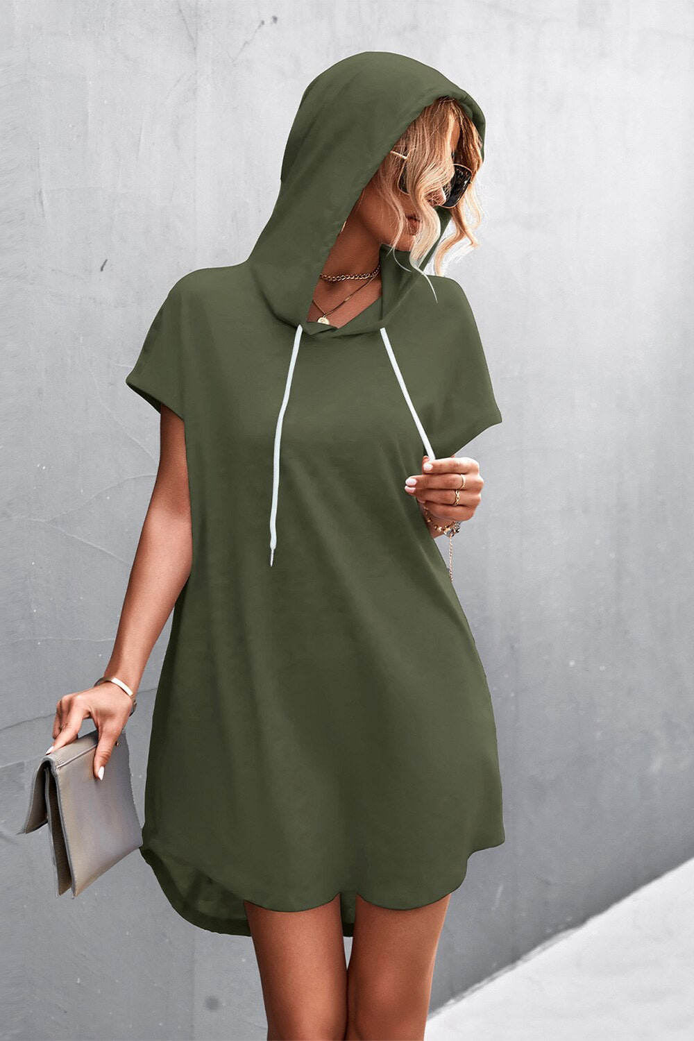 Grey Loose ShortSleeve Hooded Dress Women Streetwear Simple Casual Sports Dresses SolidColor Hoody Dress Casual Basic Mini Dress