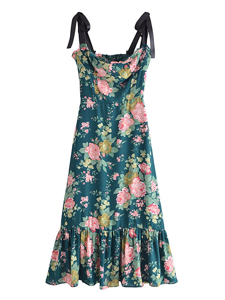Holiday Style Floral Print Ruffles Elastic Waist Lace-Up Strap Dress