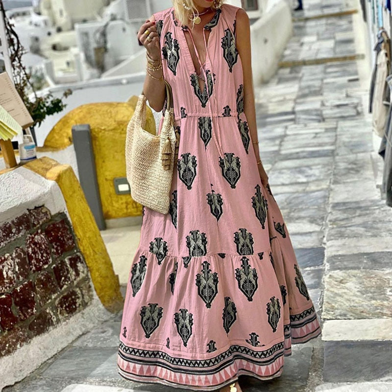 Half Open Collar Summer Streetwear Print Dress Bohemian Female Casual Sleeveless Long Dress Women Vintage Patchwork Loose Dress