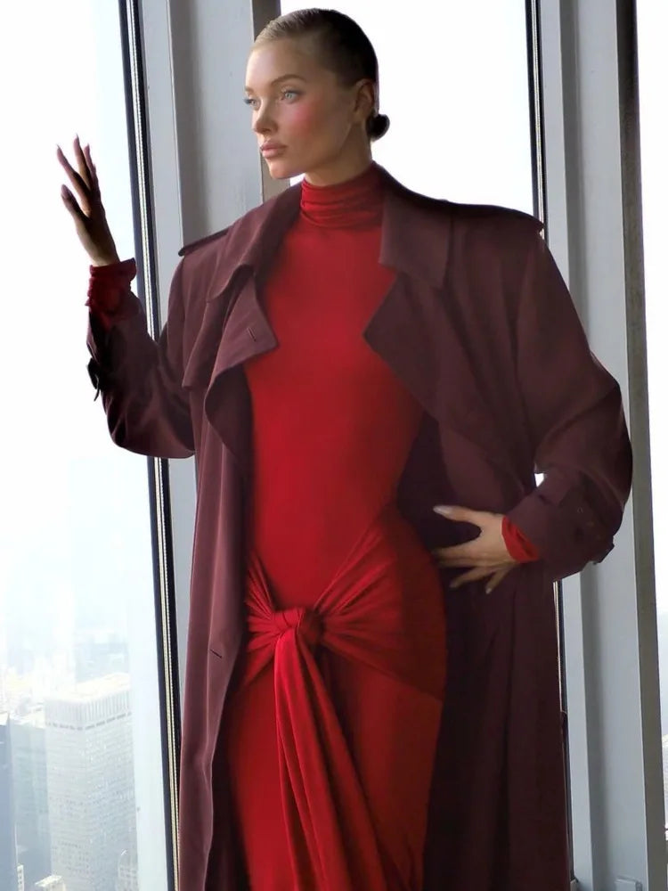 High Neck Long Sleeve Bodycon Dress For Women Tight Elastic Lace Up Maxi Long Dress Autumn 2024 New Party Club Vestidos