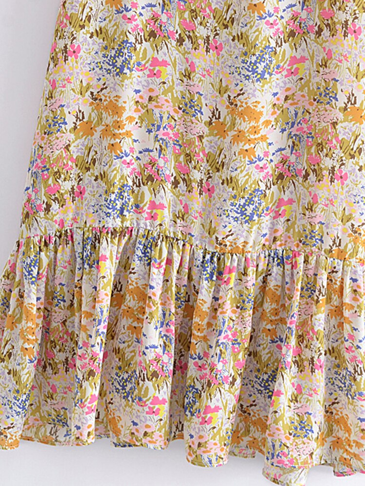 Holiday Style Floral Print Ruffles Elastic Waist Lace-Up Strap Dress