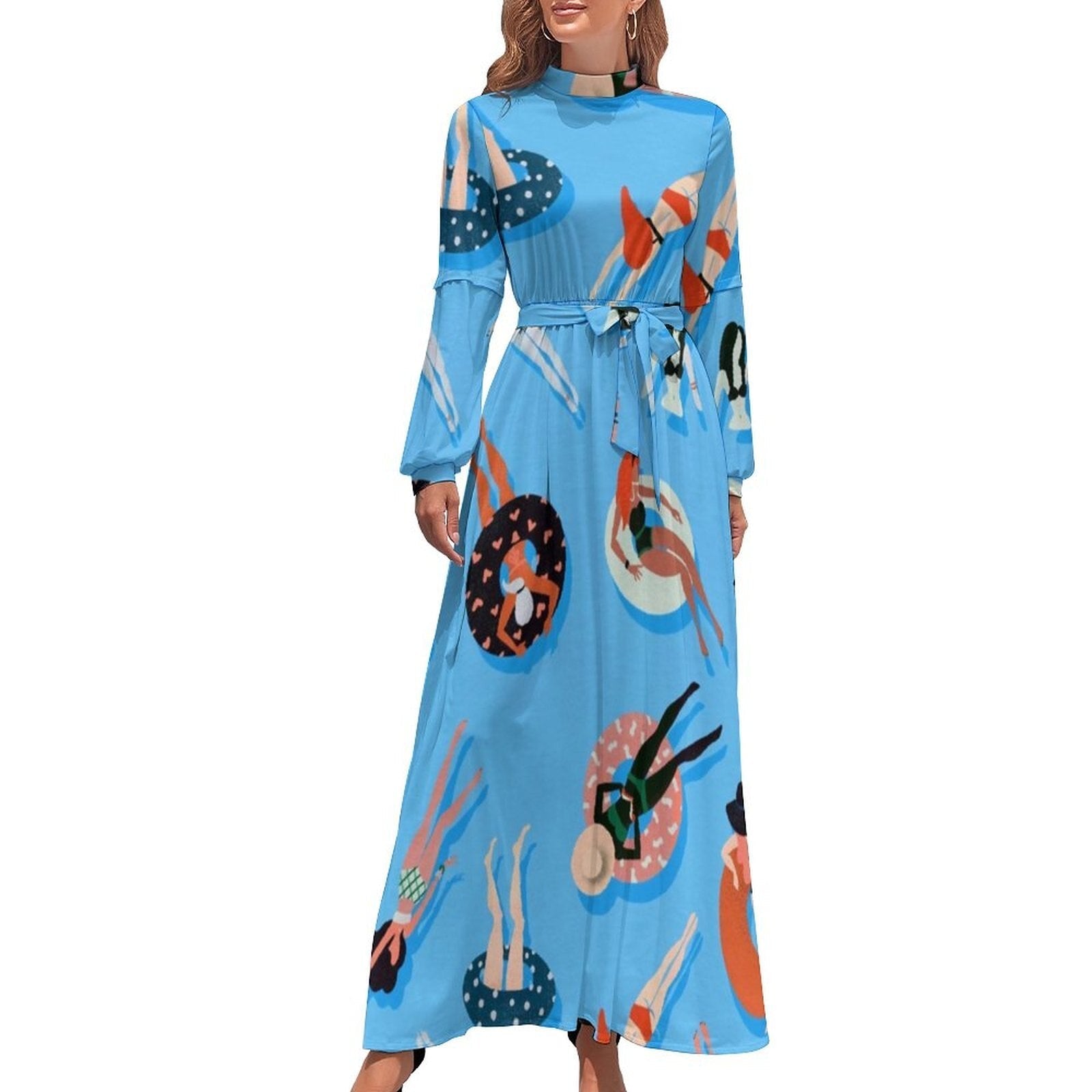 Hawaii Beach Dress Palm Tree Pirnt Sexy Fashion Maxi Dress High Waist Long Sleeve Street Wear Boho Beach Long Dresses