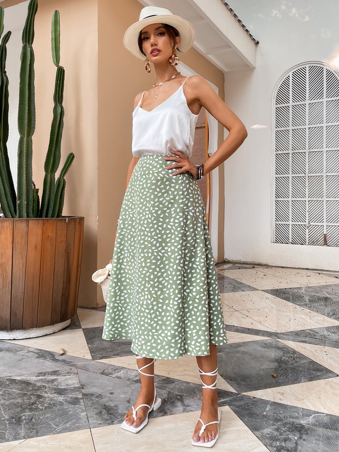 Green Boho Split Thigh Allover Print Women Skirts Elegant Dresses  Slit Long Length High Waist With Zipper Slight Stretch