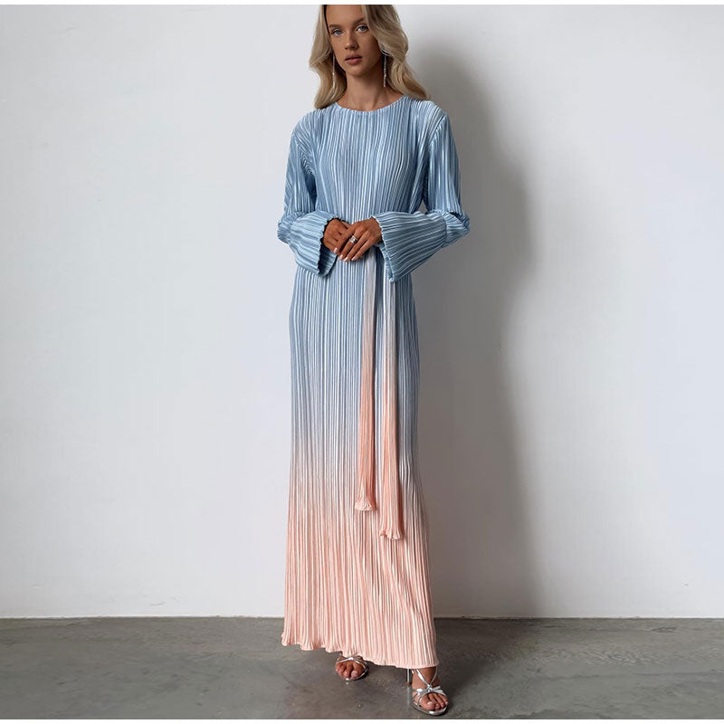 Gradient Tie Dye Long Sleeve Maxi Dress For Women Fashion Oneck Straight Loose Pleated Vestidos Female Elegantstreetwear Robe