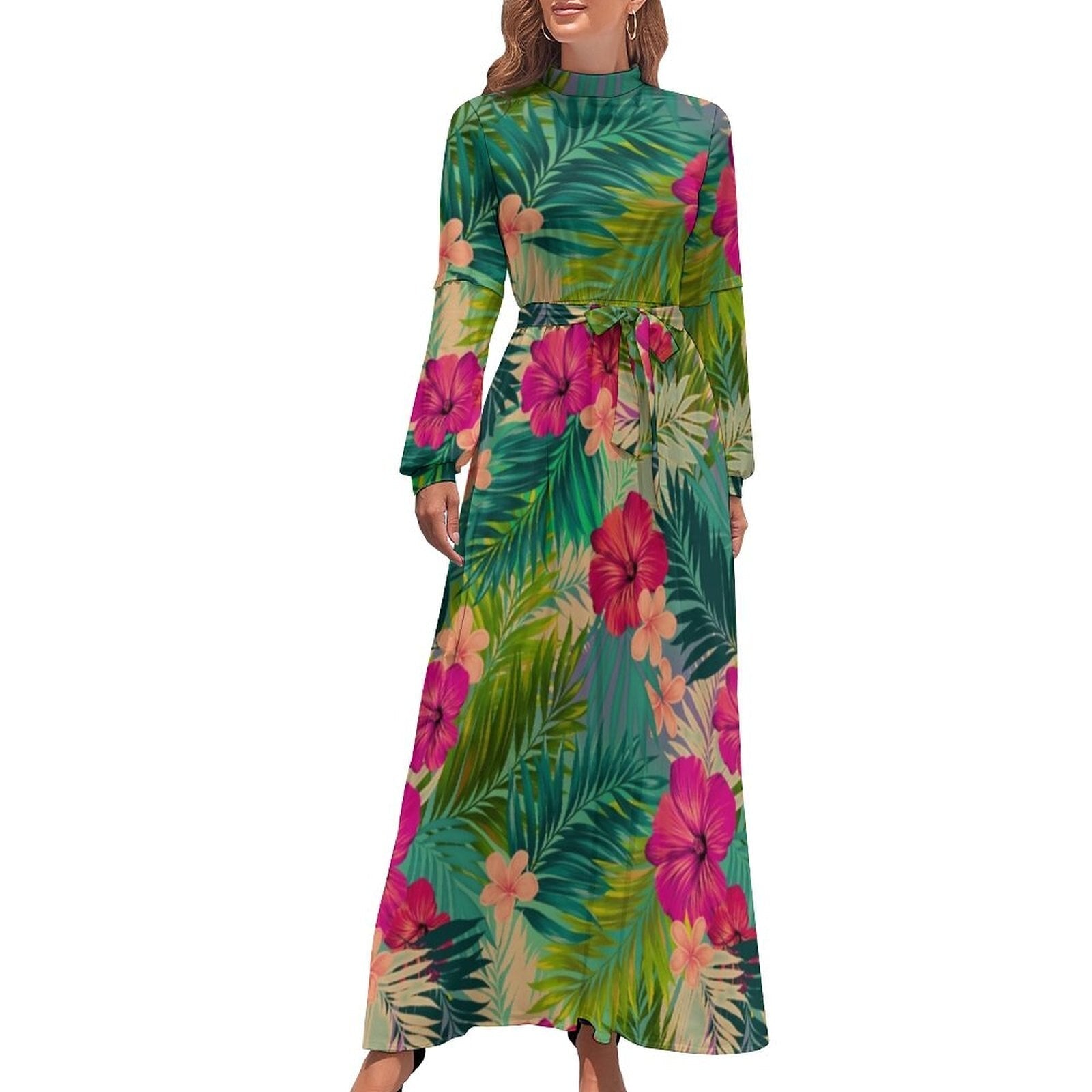 Hawaii Beach Dress Palm Tree Pirnt Sexy Fashion Maxi Dress High Waist Long Sleeve Street Wear Boho Beach Long Dresses