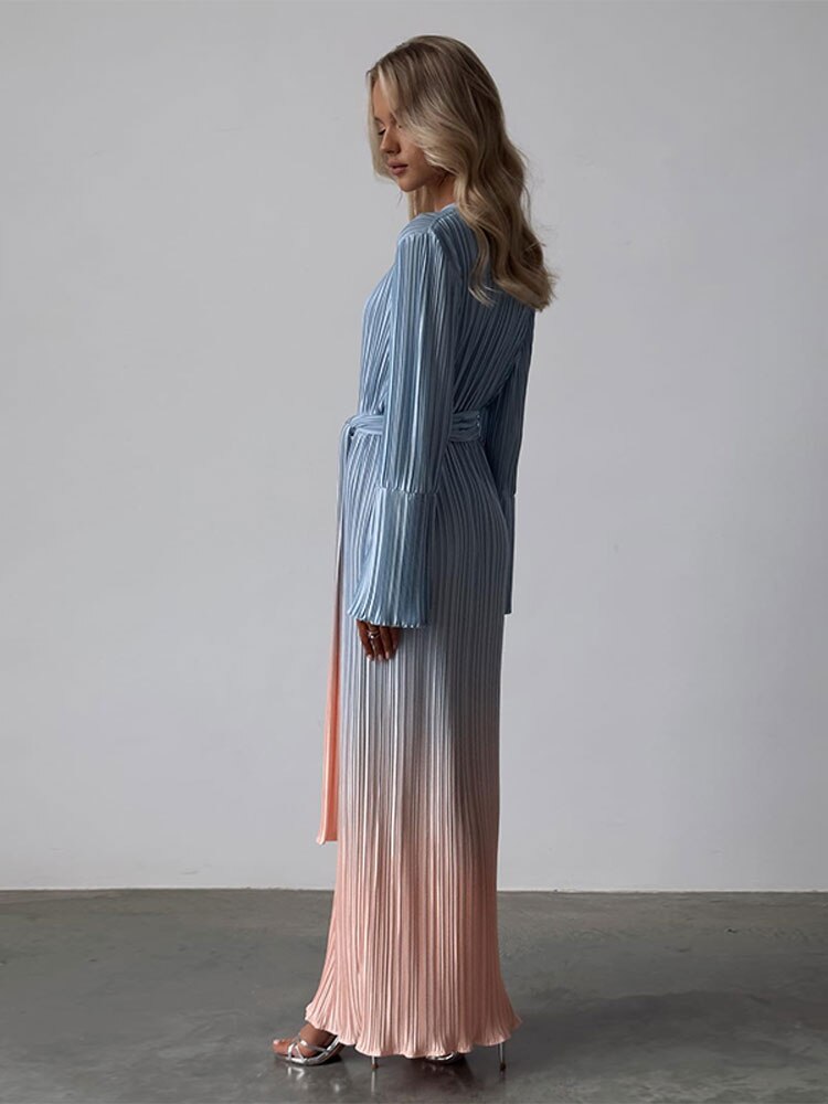 Gradient Tie Dye Long Sleeve Maxi Dress For Women Fashion Oneck Straight Loose Pleated Vestidos Female Elegantstreetwear Robe
