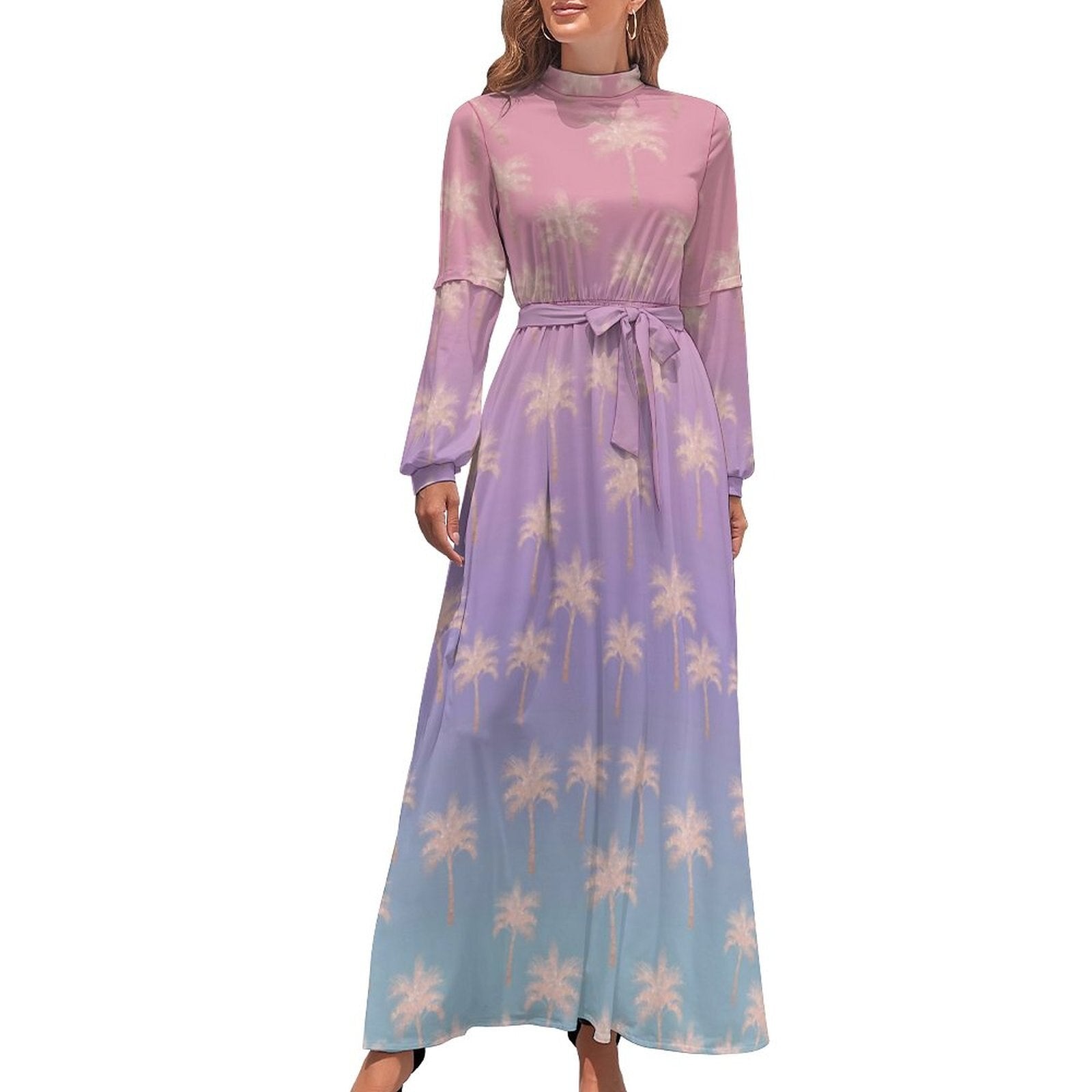 Hawaii Beach Dress Palm Tree Pirnt Sexy Fashion Maxi Dress High Waist Long Sleeve Street Wear Boho Beach Long Dresses
