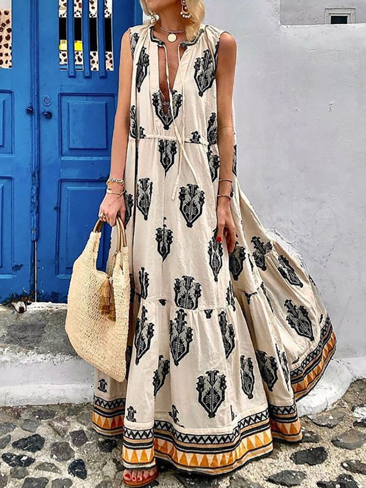 Half Open Collar Summer Streetwear Print Dress Bohemian Female Casual Sleeveless Long Dress Women Vintage Patchwork Loose Dress