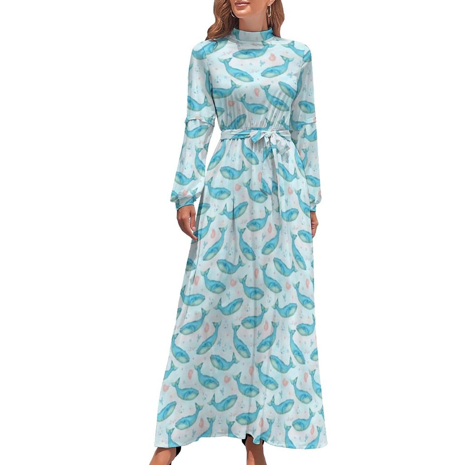 Hawaii Beach Dress Palm Tree Pirnt Sexy Fashion Maxi Dress High Waist Long Sleeve Street Wear Boho Beach Long Dresses