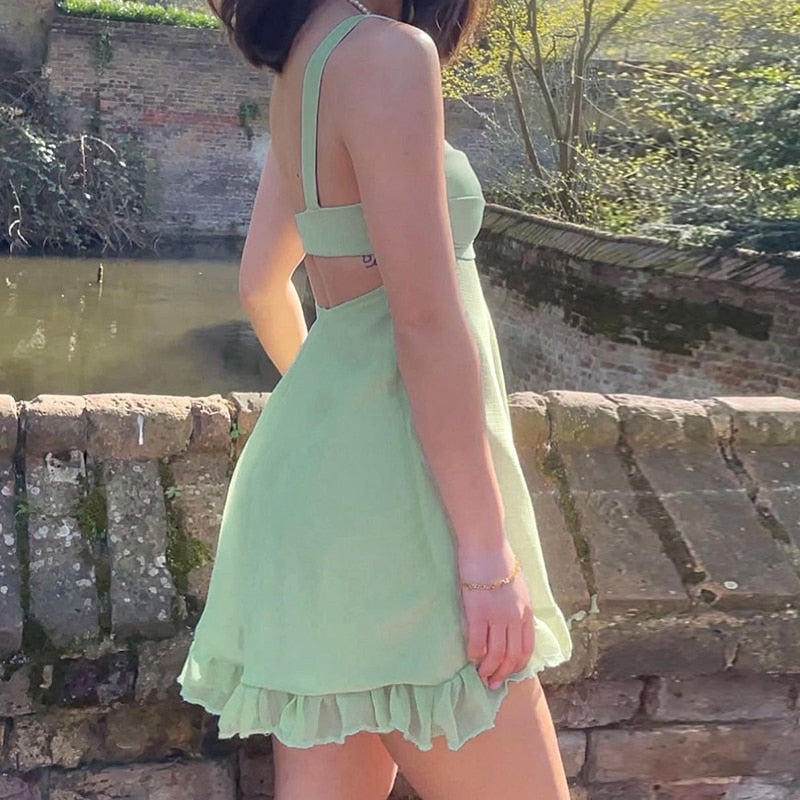 Green Sweet Female Short Dress Chic Aesthetic Y2K Cute Sleeveless Summer Dresses Hollow Backless Ruffles Dress