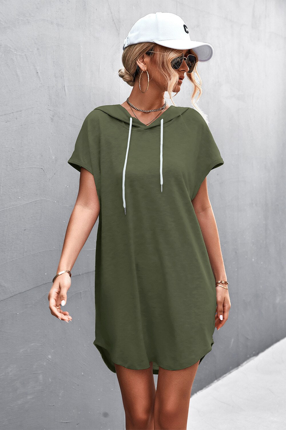 Grey Loose ShortSleeve Hooded Dress Women Streetwear Simple Casual Sports Dresses SolidColor Hoody Dress Casual Basic Mini Dress