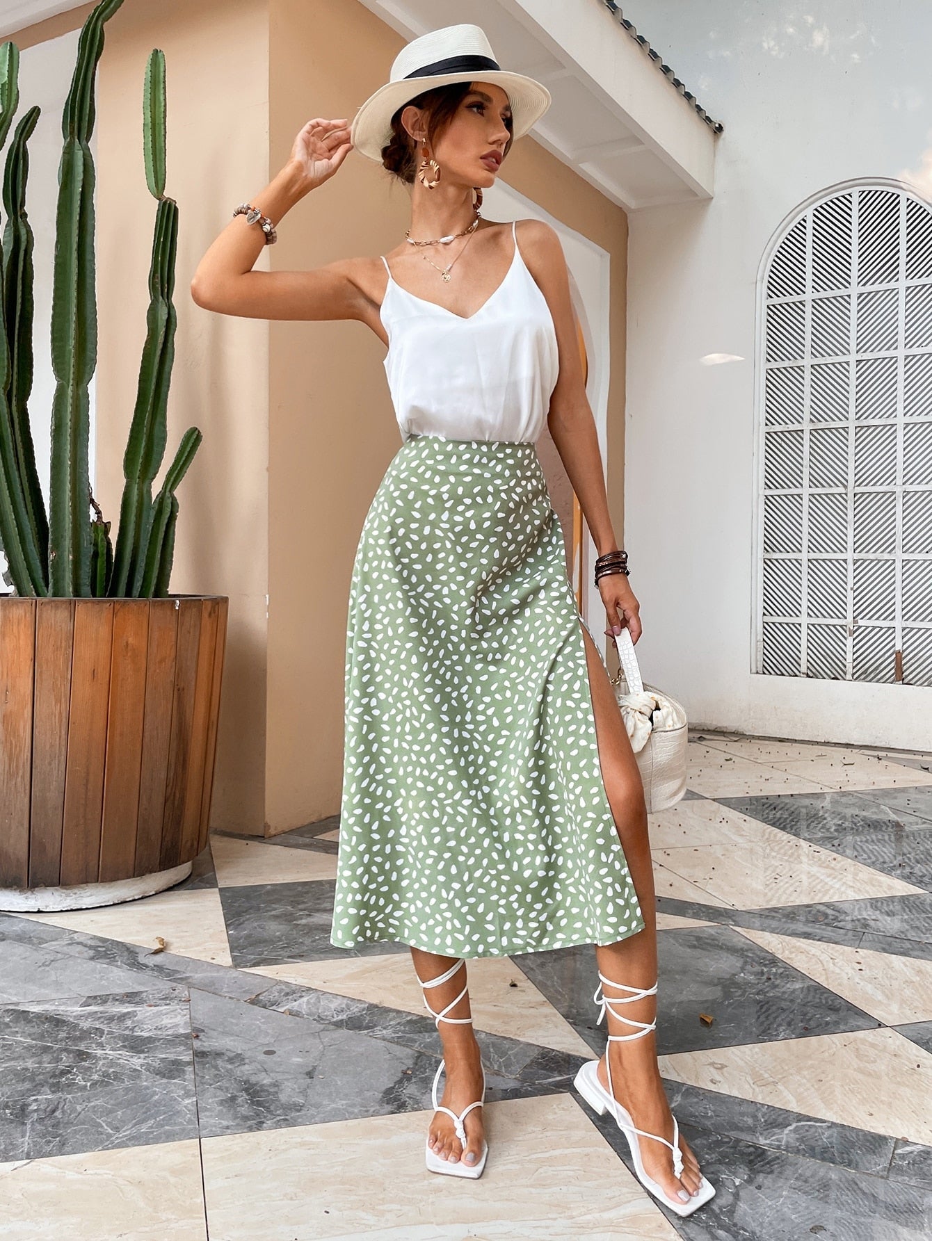 Green Boho Split Thigh Allover Print Women Skirts Elegant Dresses  Slit Long Length High Waist With Zipper Slight Stretch