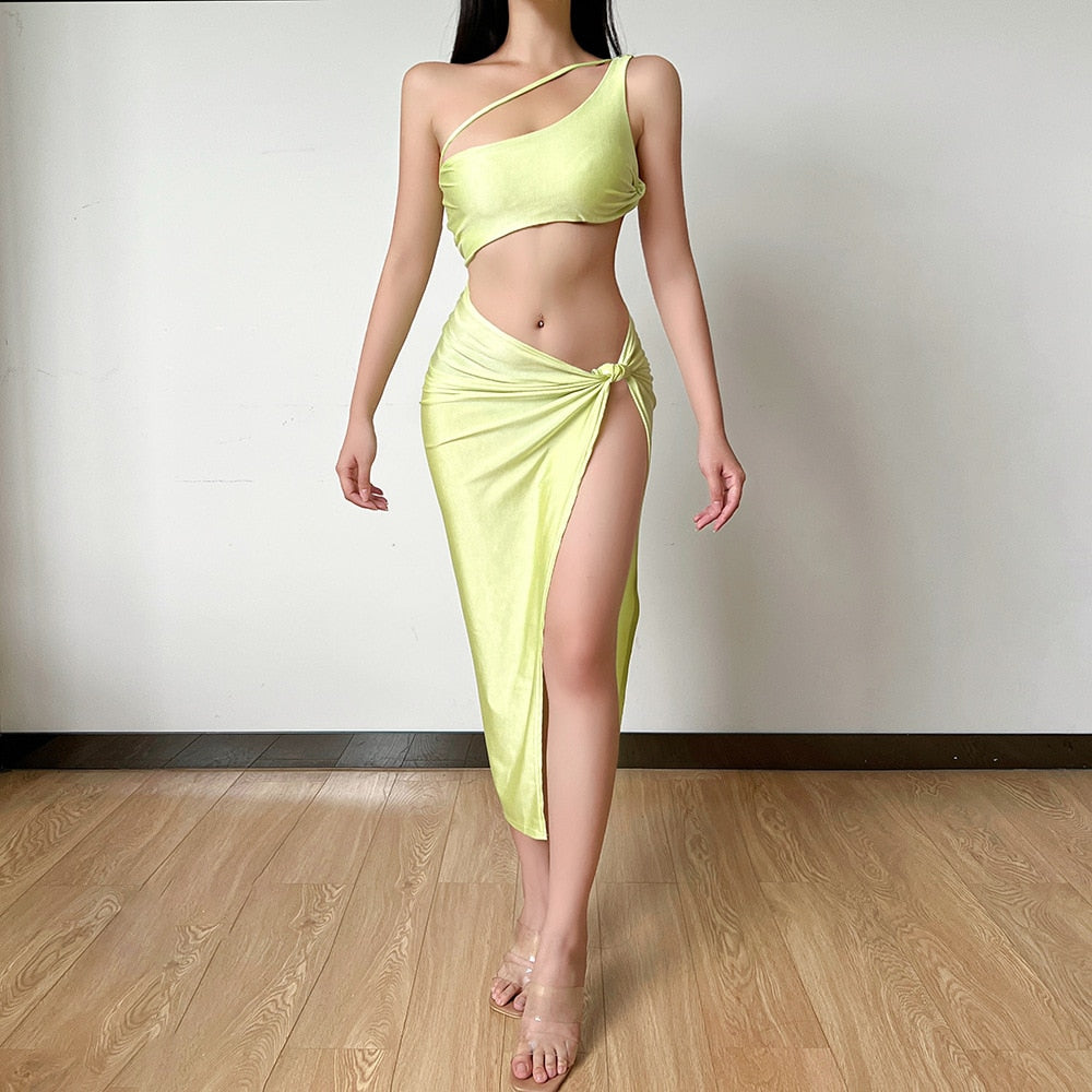 Graduation Gift Back to School Season 2024 One Shoulder Beach Maxi Dress Women Summer Brown Backless Sleeveless Split Elegant Dresses Party