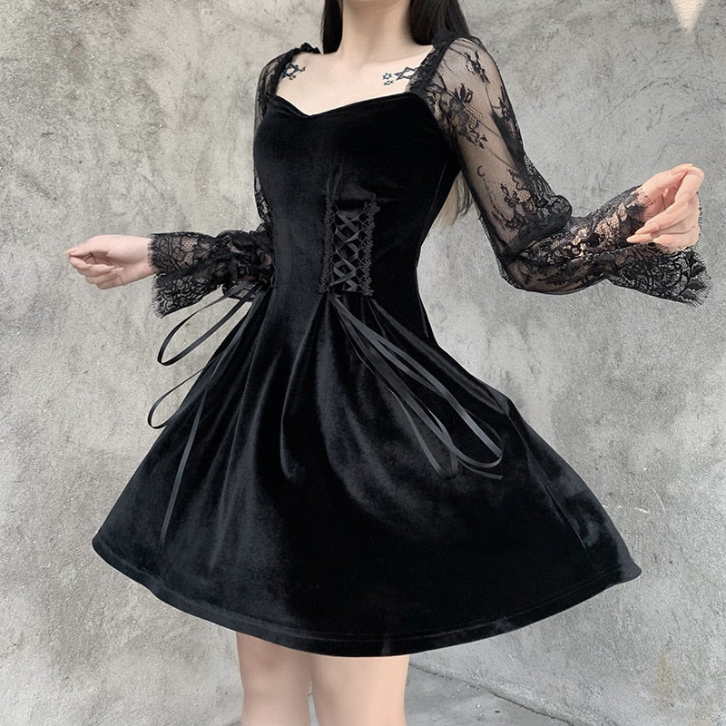 Halloween Gothic Dress Goth Lolita Y2K Mini Black Draped Bodycon Vintage Birthday for Women Satin Spring