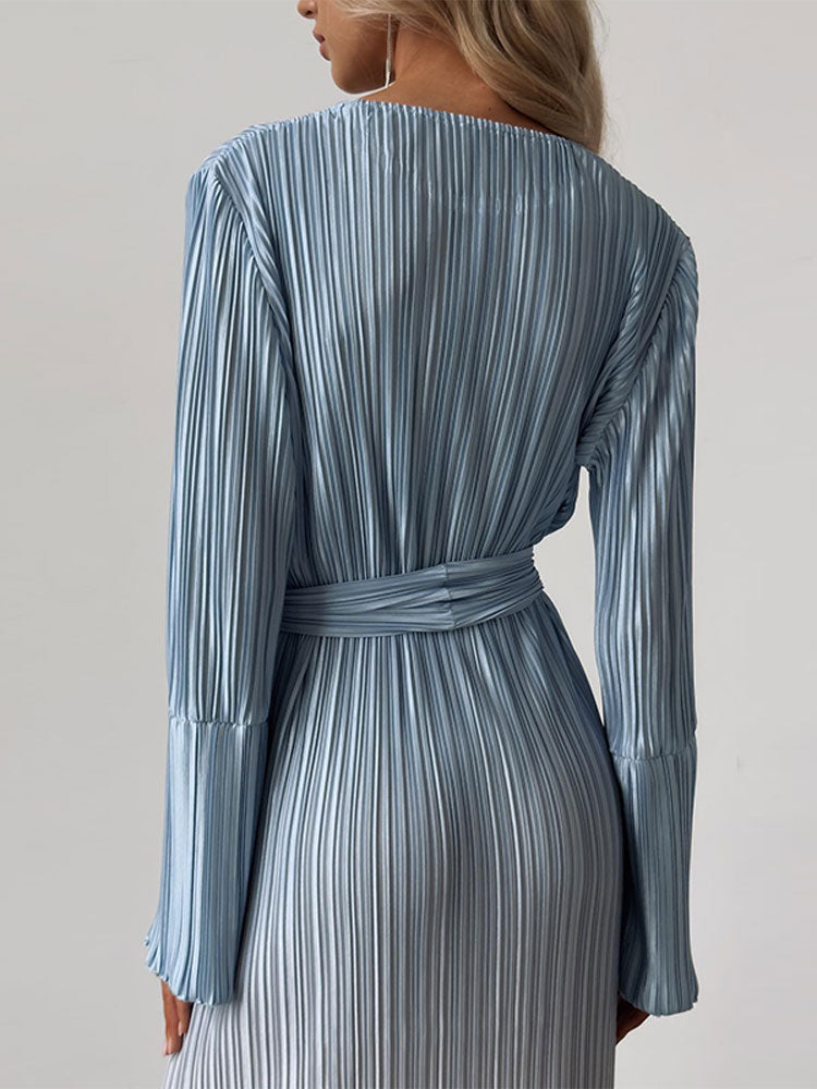 Gradient Tie Dye Long Sleeve Maxi Dress For Women Fashion Oneck Straight Loose Pleated Vestidos Female Elegantstreetwear Robe