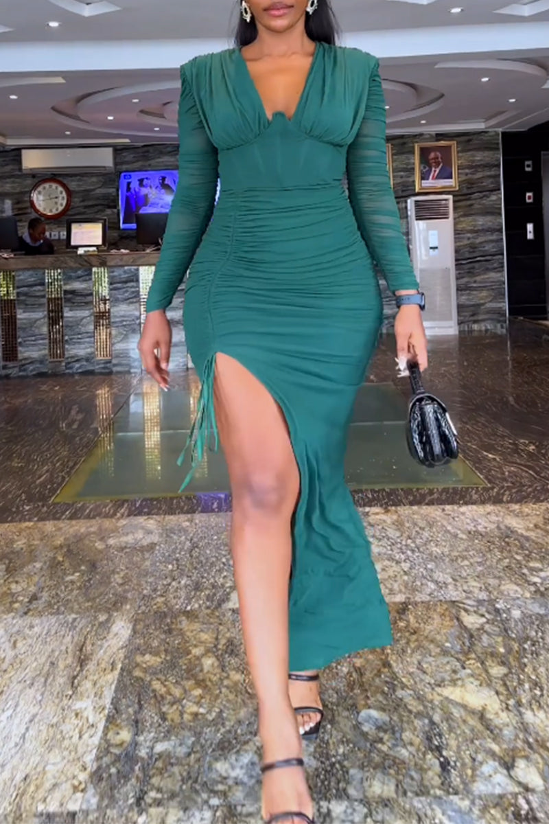 Green Casual Daily Elegant Slit Solid Color Asymmetrical Collar Dresses