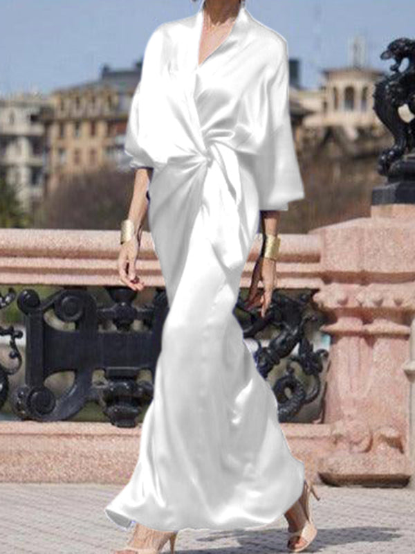 Half Sleeves Loose Solid Color V-Neck Maxi Dresses