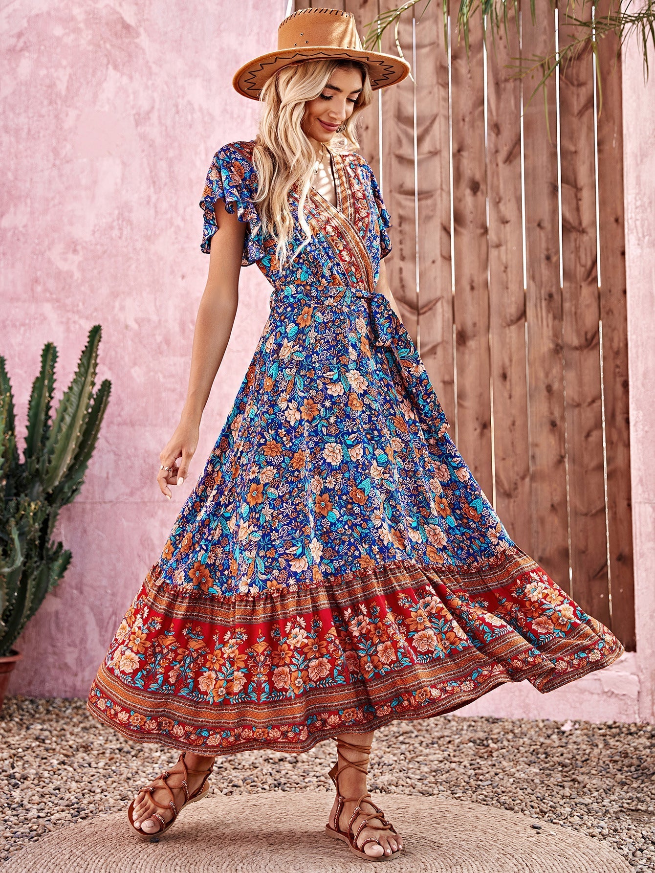 High End Bohemian Mid Rise Thai Style Print Dress Women's Maxi Dresses
