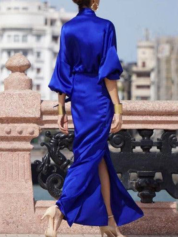 Half Sleeves Loose Solid Color V-Neck Maxi Dresses