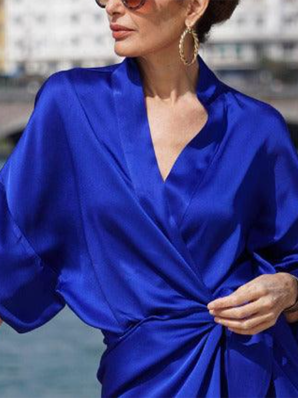 Half Sleeves Loose Solid Color V-Neck Maxi Dresses