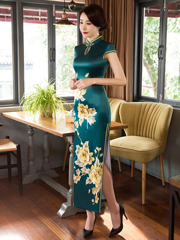 Green Side Split Long Cheongsam Dress