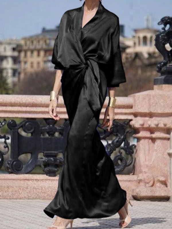 Half Sleeves Loose Solid Color V-Neck Maxi Dresses
