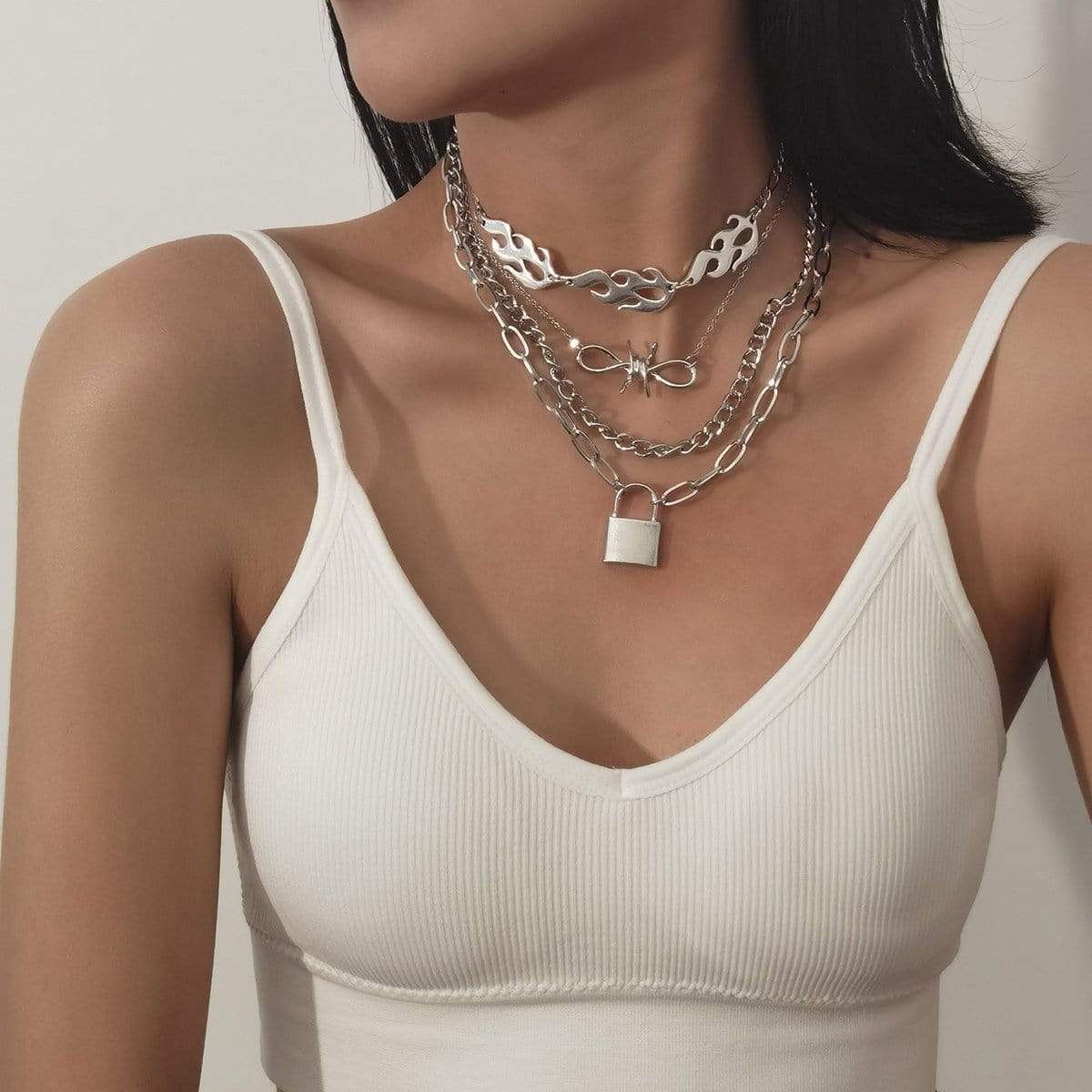 Multi-layer Silver Tone Lock & Bow Charm Pendant Fire Flame Cool Choker Necklace Set