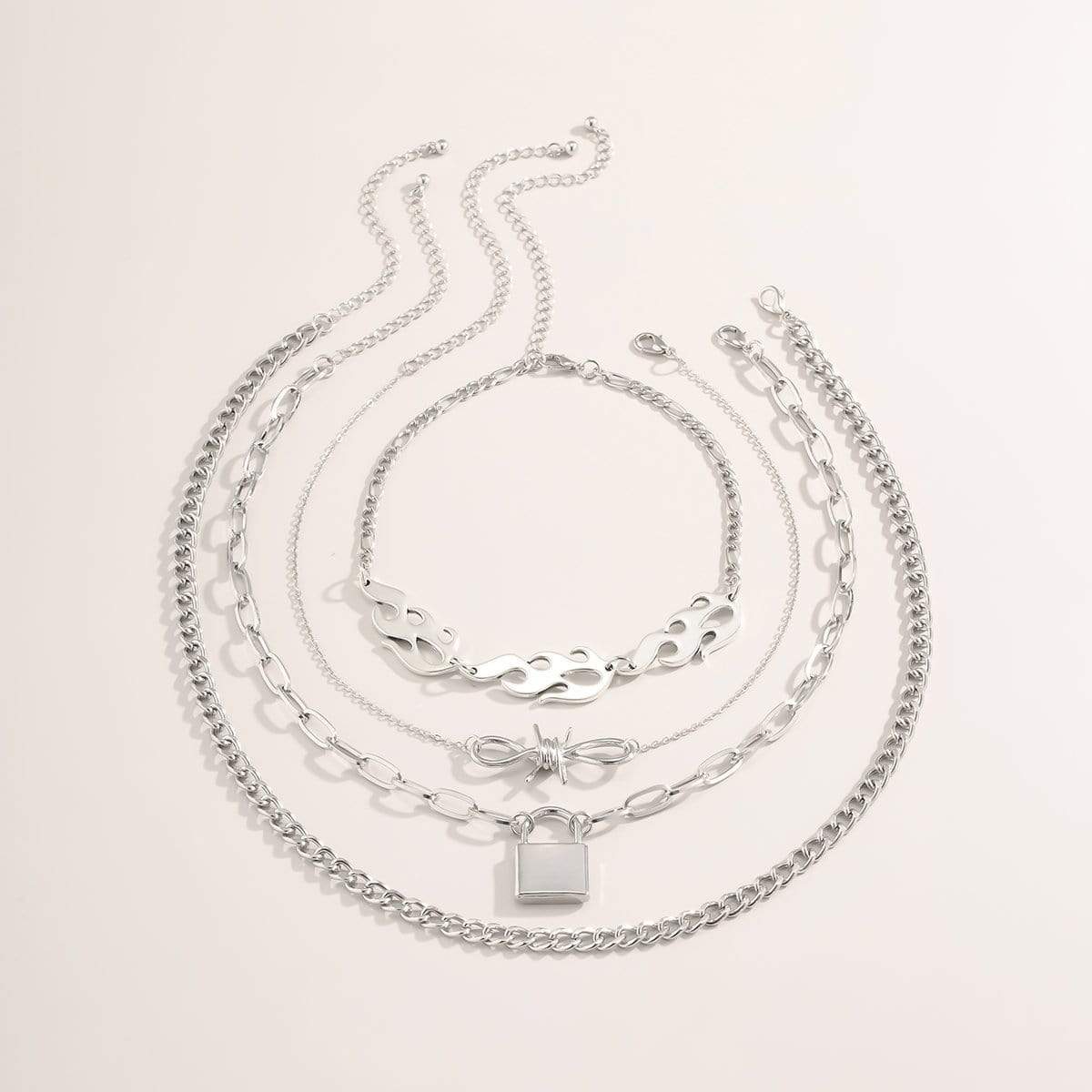 Multi-layer Silver Tone Lock & Bow Charm Pendant Fire Flame Cool Choker Necklace Set