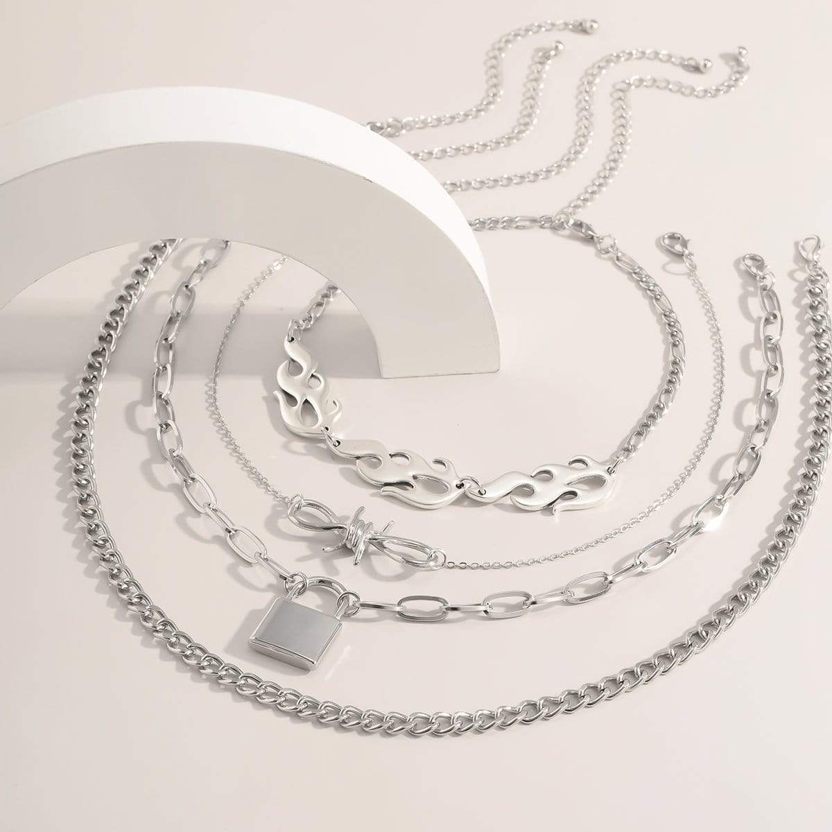 Multi-layer Silver Tone Lock & Bow Charm Pendant Fire Flame Cool Choker Necklace Set