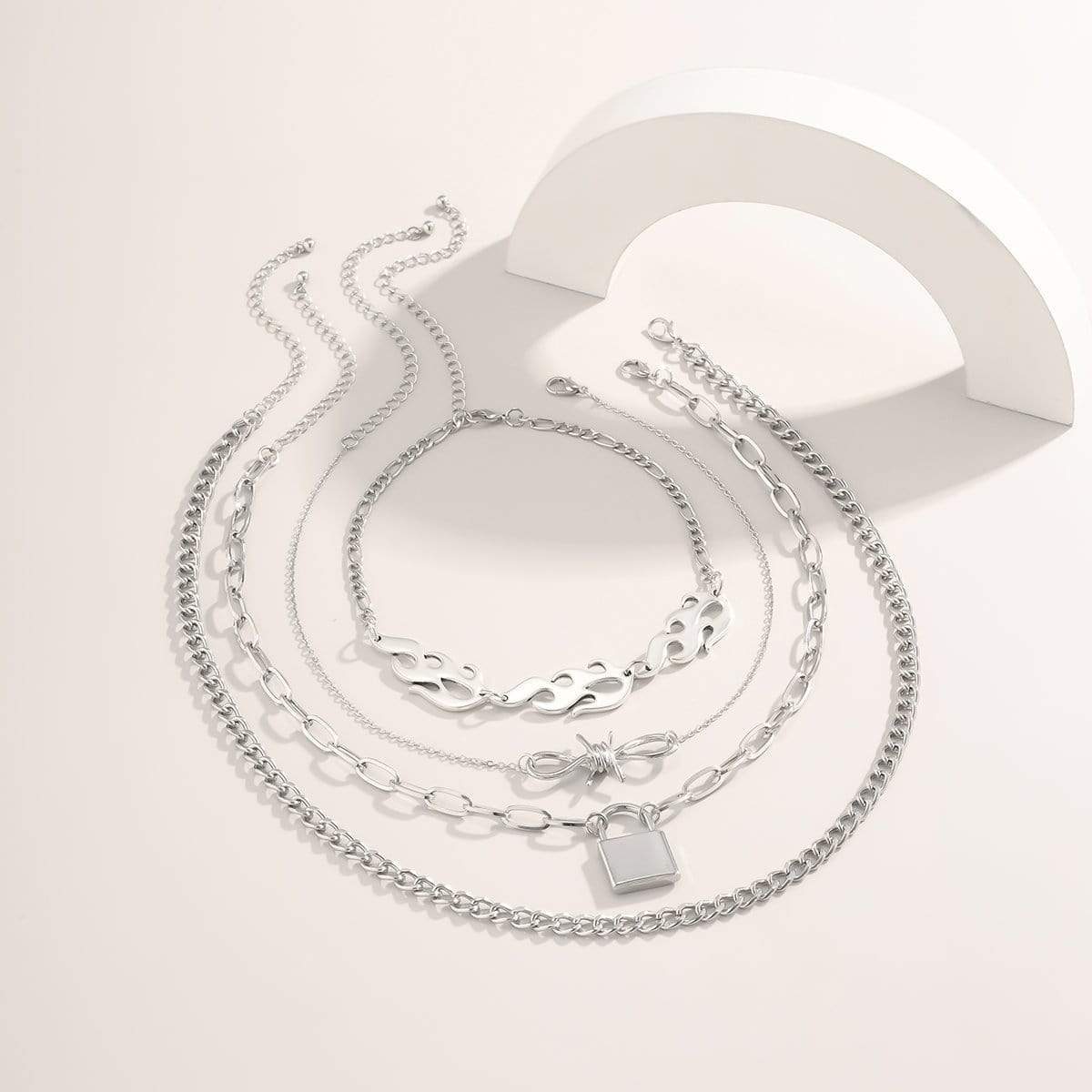 Multi-layer Silver Tone Lock & Bow Charm Pendant Fire Flame Cool Choker Necklace Set