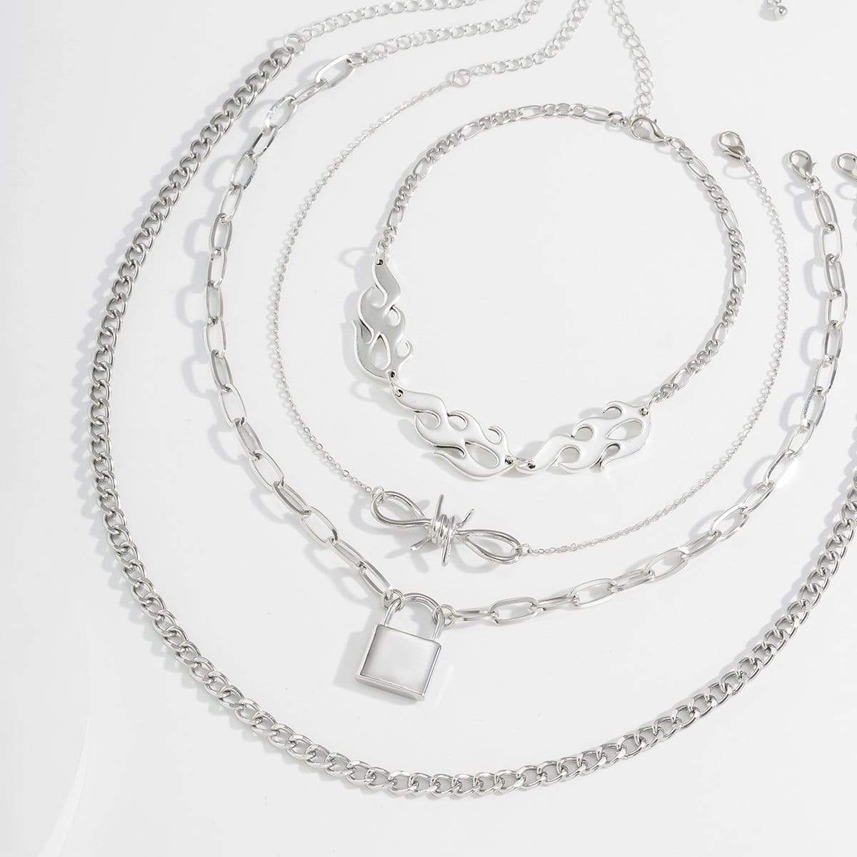 Multi-layer Silver Tone Lock & Bow Charm Pendant Fire Flame Cool Choker Necklace Set