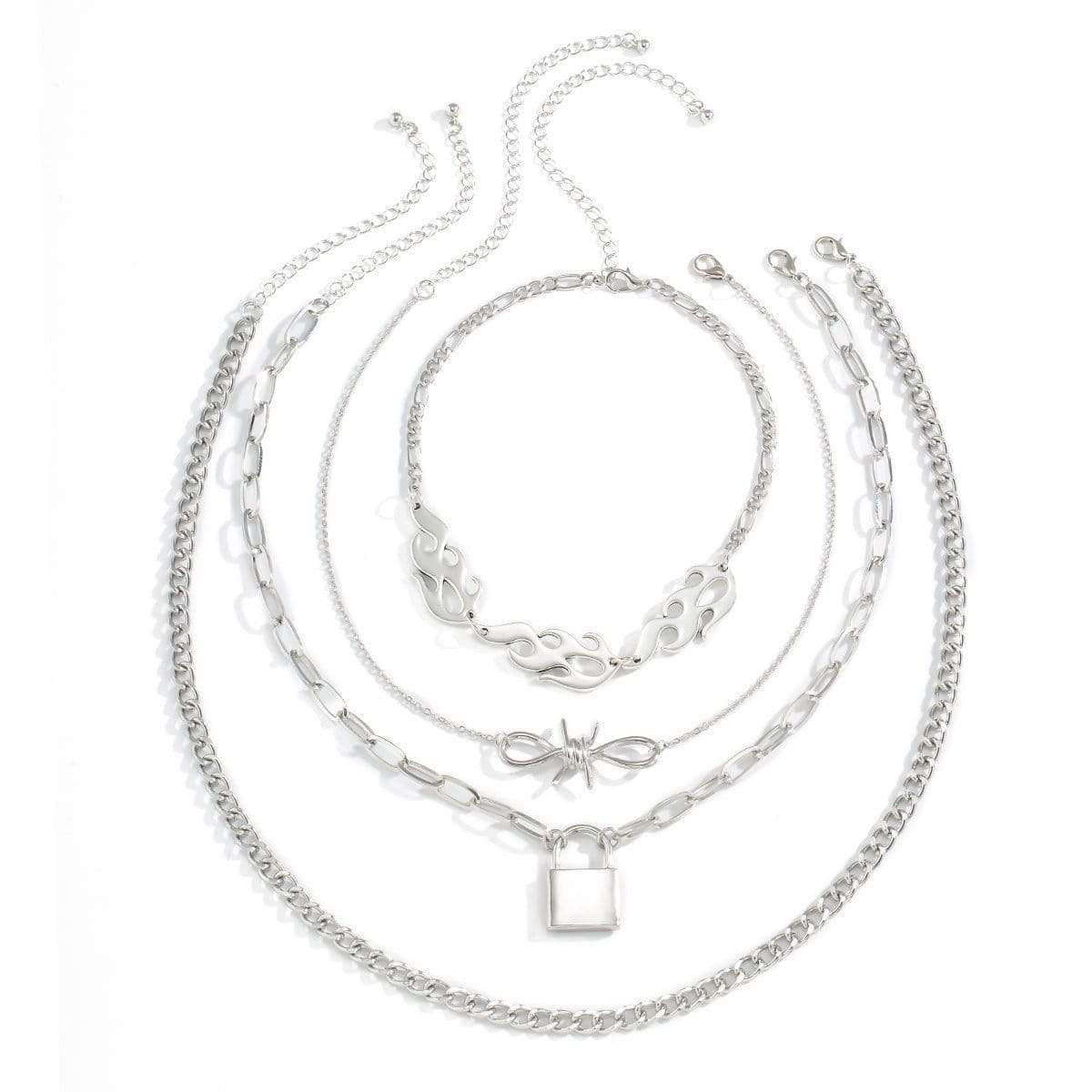 Multi-layer Silver Tone Lock & Bow Charm Pendant Fire Flame Cool Choker Necklace Set