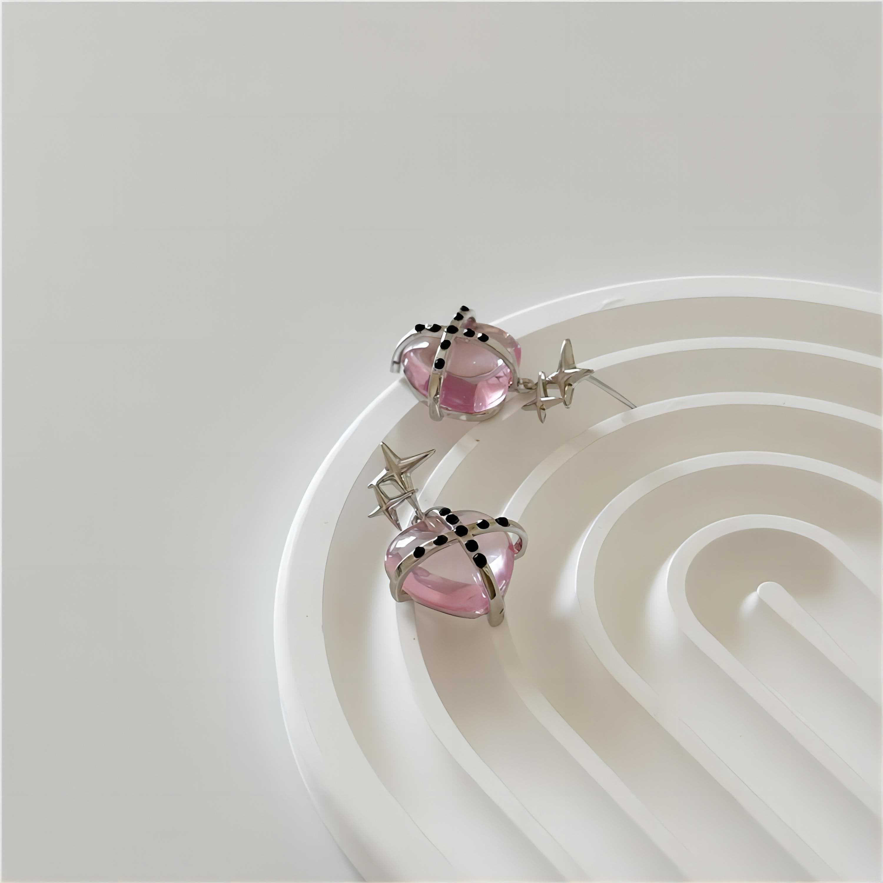 Pink Crystal Star Heart Dangle Earrings