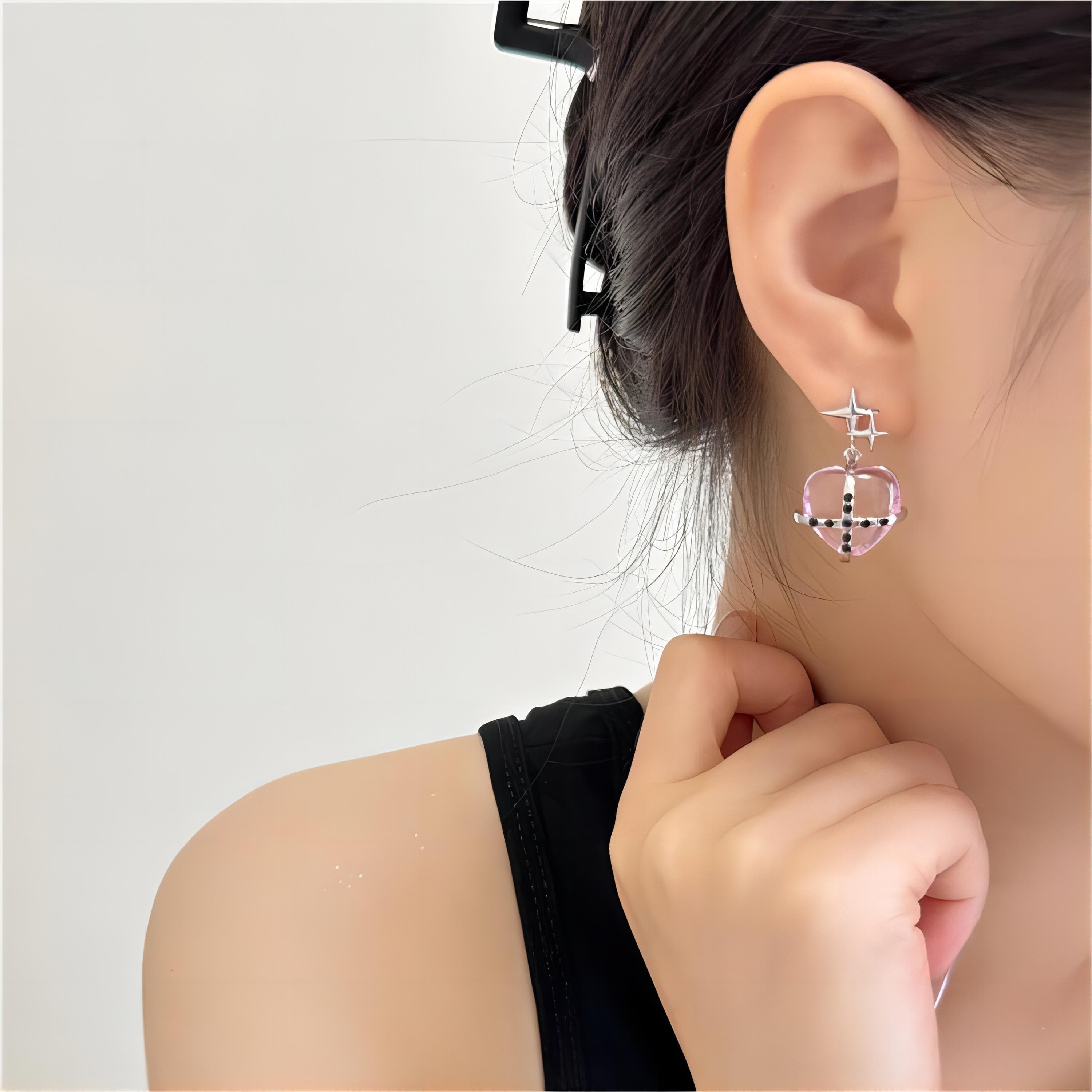 Pink Crystal Star Heart Dangle Earrings