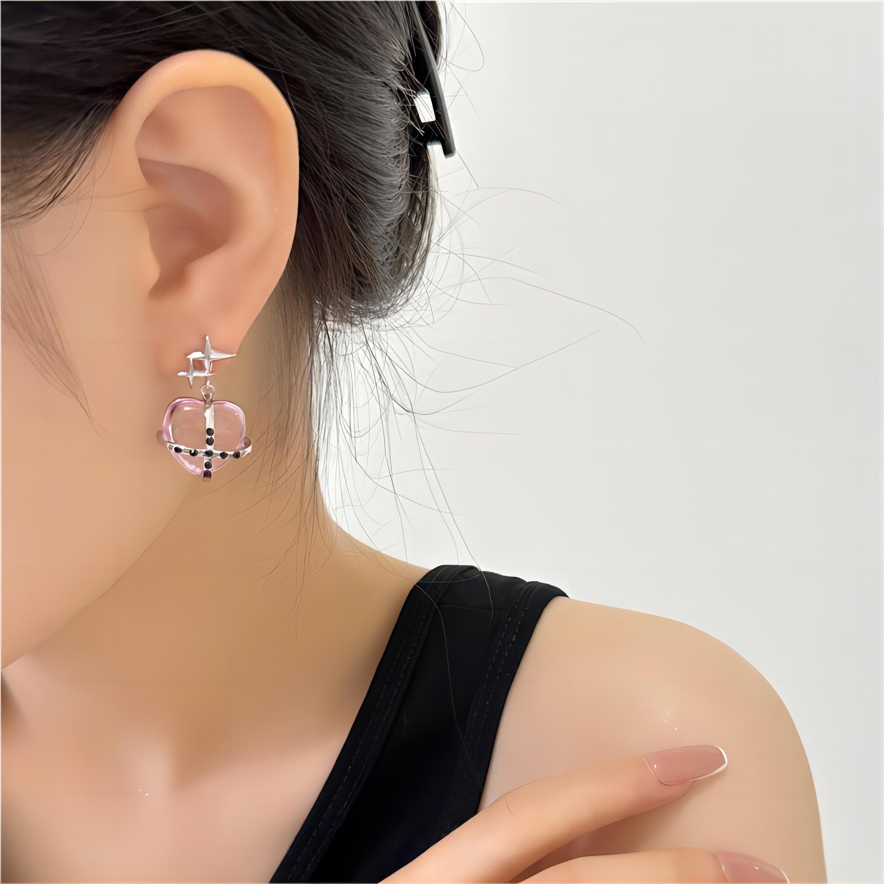 Pink Crystal Star Heart Dangle Earrings