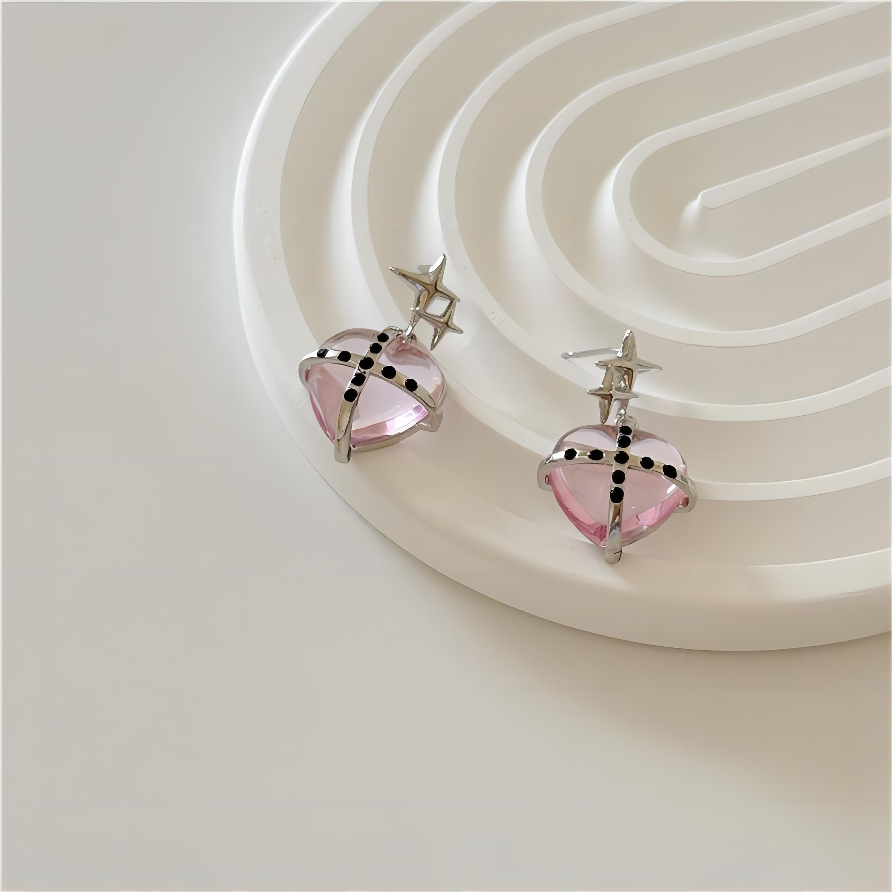 Pink Crystal Star Heart Dangle Earrings