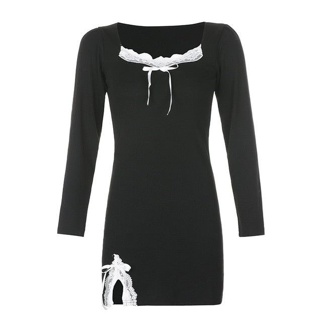 Gothic Sexy Dress Vintage Off Shoulder Lantern Sleeve Mesh Patchwork Velvet Mini Dress Dark Street Black Dress for Female