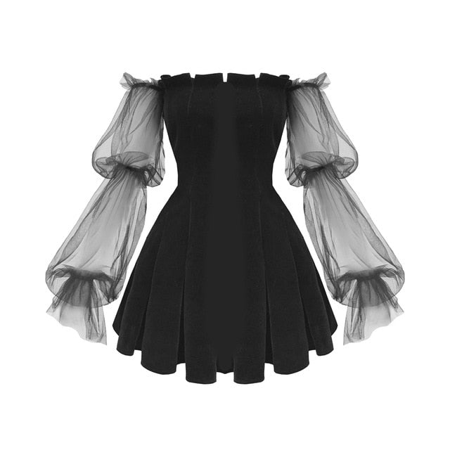 Gothic Sexy Dress Vintage Off Shoulder Lantern Sleeve Mesh Patchwork Velvet Mini Dress Dark Street Black Dress for Female